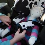 Preparing for baby: practicing strapping her baby doll into the infant car seat